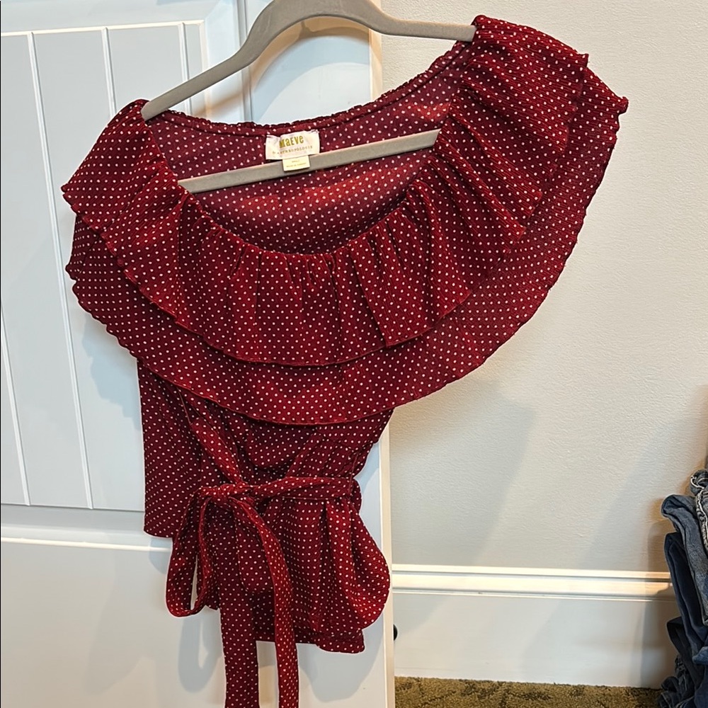 Maeve Ruffled Sleeveless Red and White Blouse